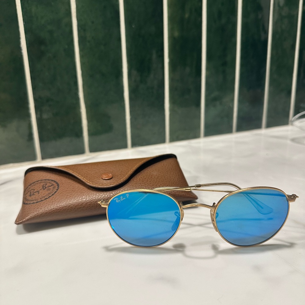 Ray-Ban Gold Frame Sunglasses with Blue Lenses
